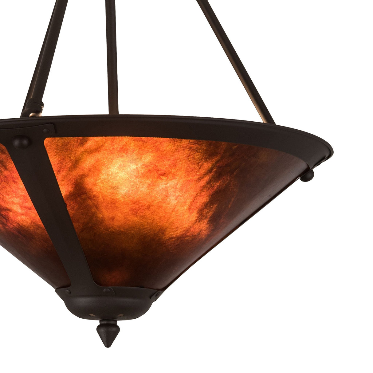 Close-up of the amber mica shade on the Sutter inverted pendant with warm illumination.