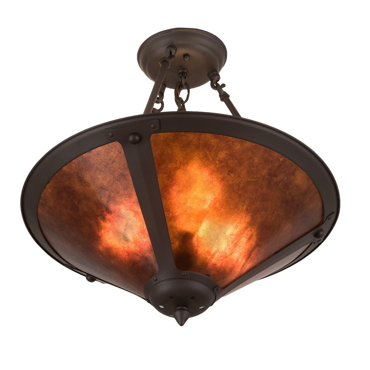 Amber mica pendant glowing warmly with an inverted design.