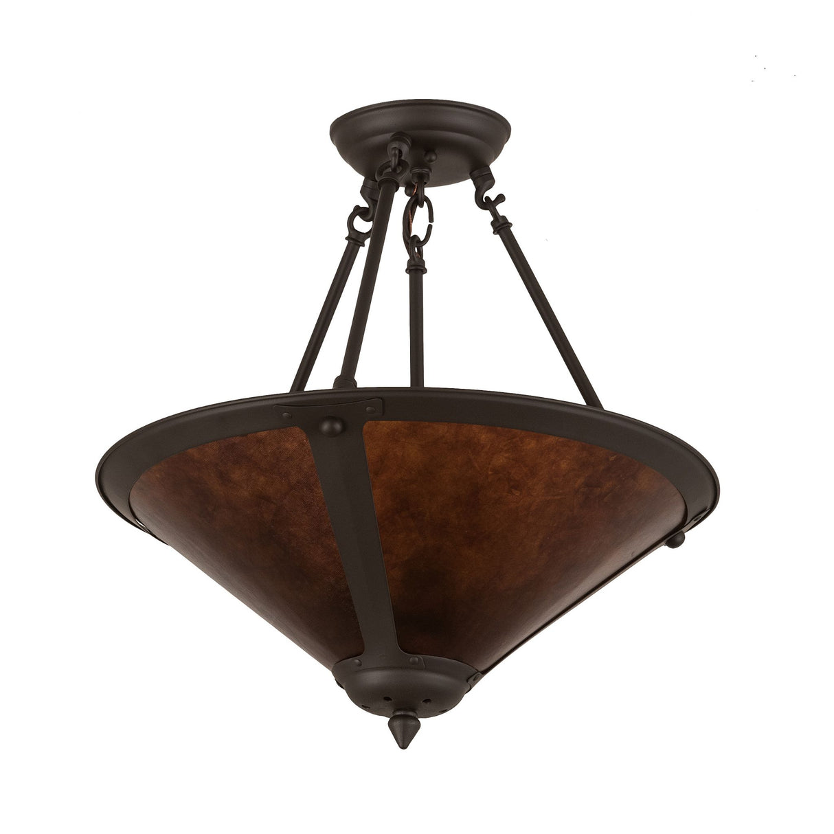 Side view of the pendant showcasing the bronze finish and amber shade.