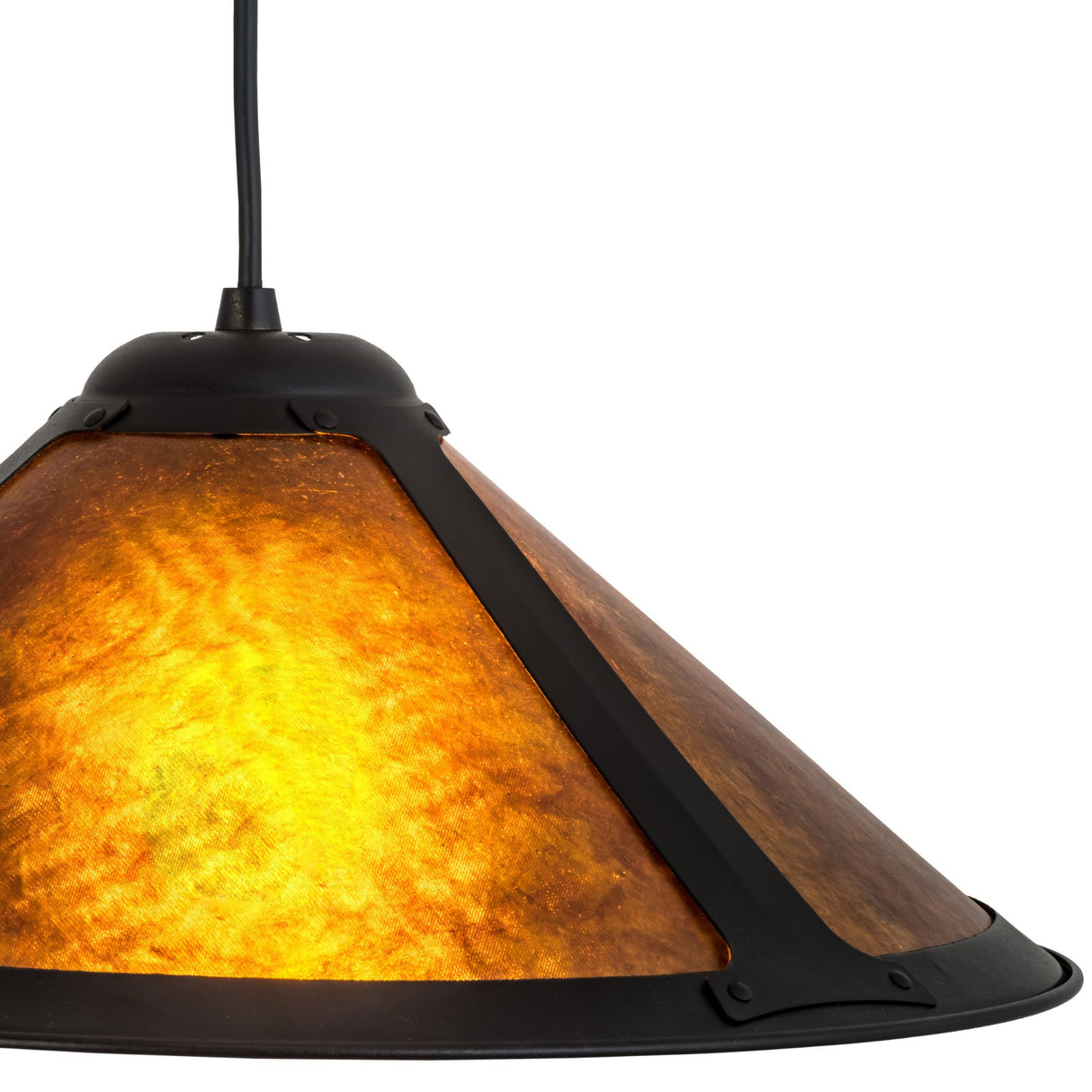 Close-up of Sutter pendant’s black frame and mica shade.