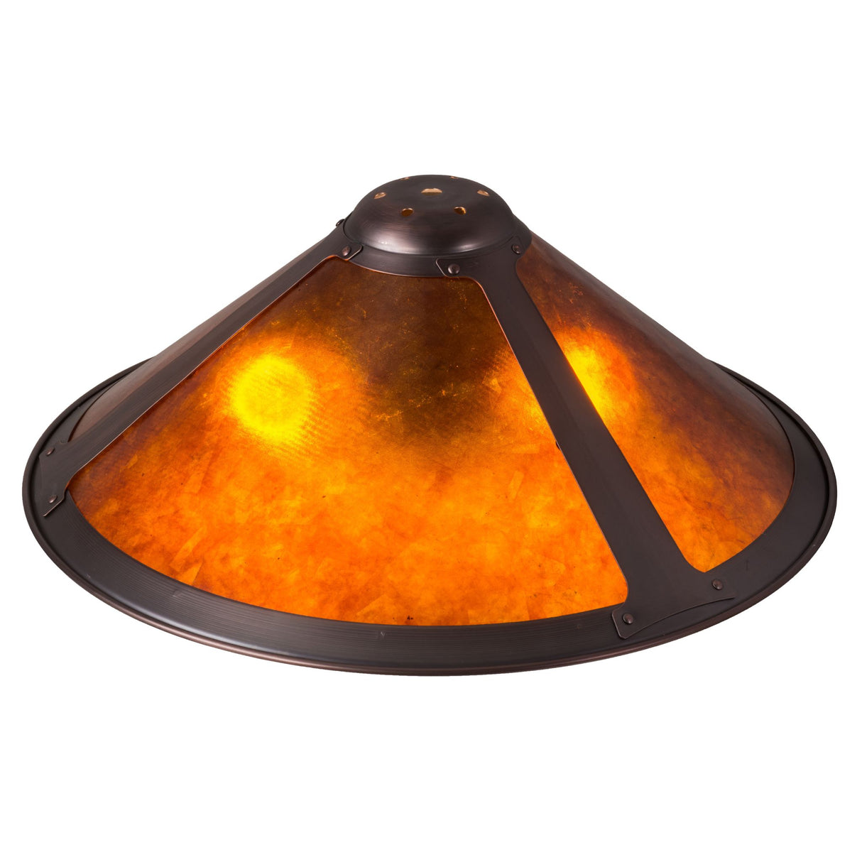 Illuminated amber mica Sutter shade with warm glow.