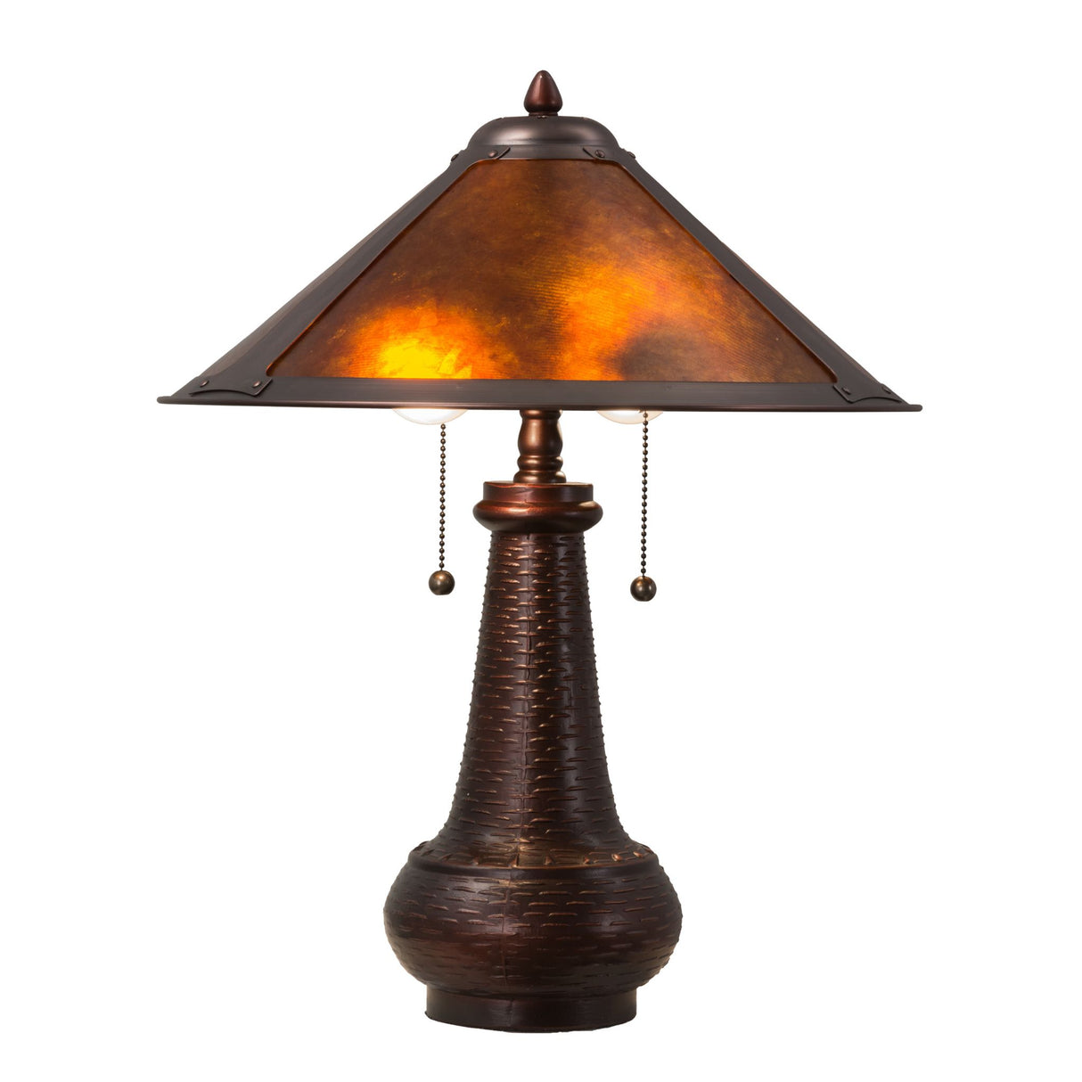 Full view of illuminated Sutter table lamp with amber mica shade.
