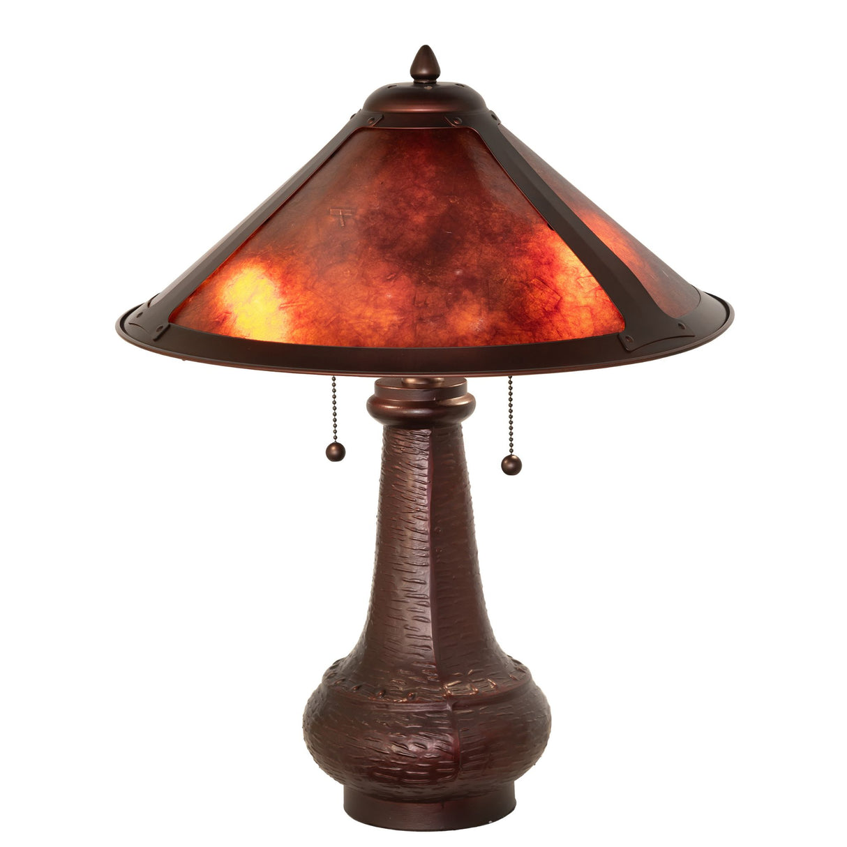 Amber Mica shade Sutter table lamp illuminated, 21" high.