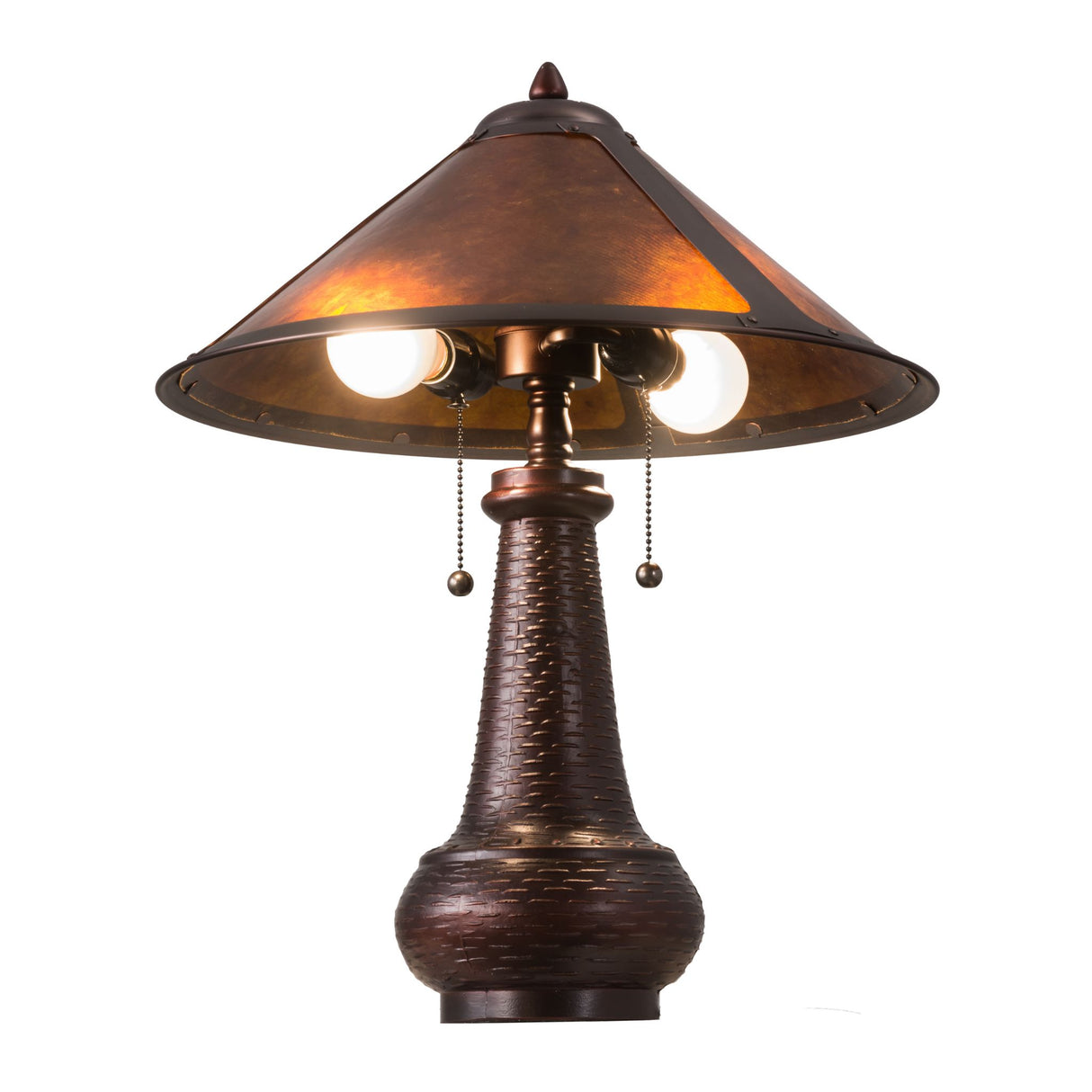 Side view of Sutter table lamp with amber mica shade illuminated.