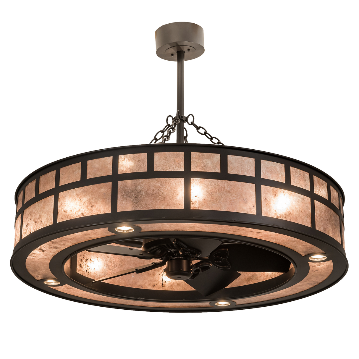 Lit angled view of 45" T Mission Chandel-Air with silver mica shade and bronze frame.