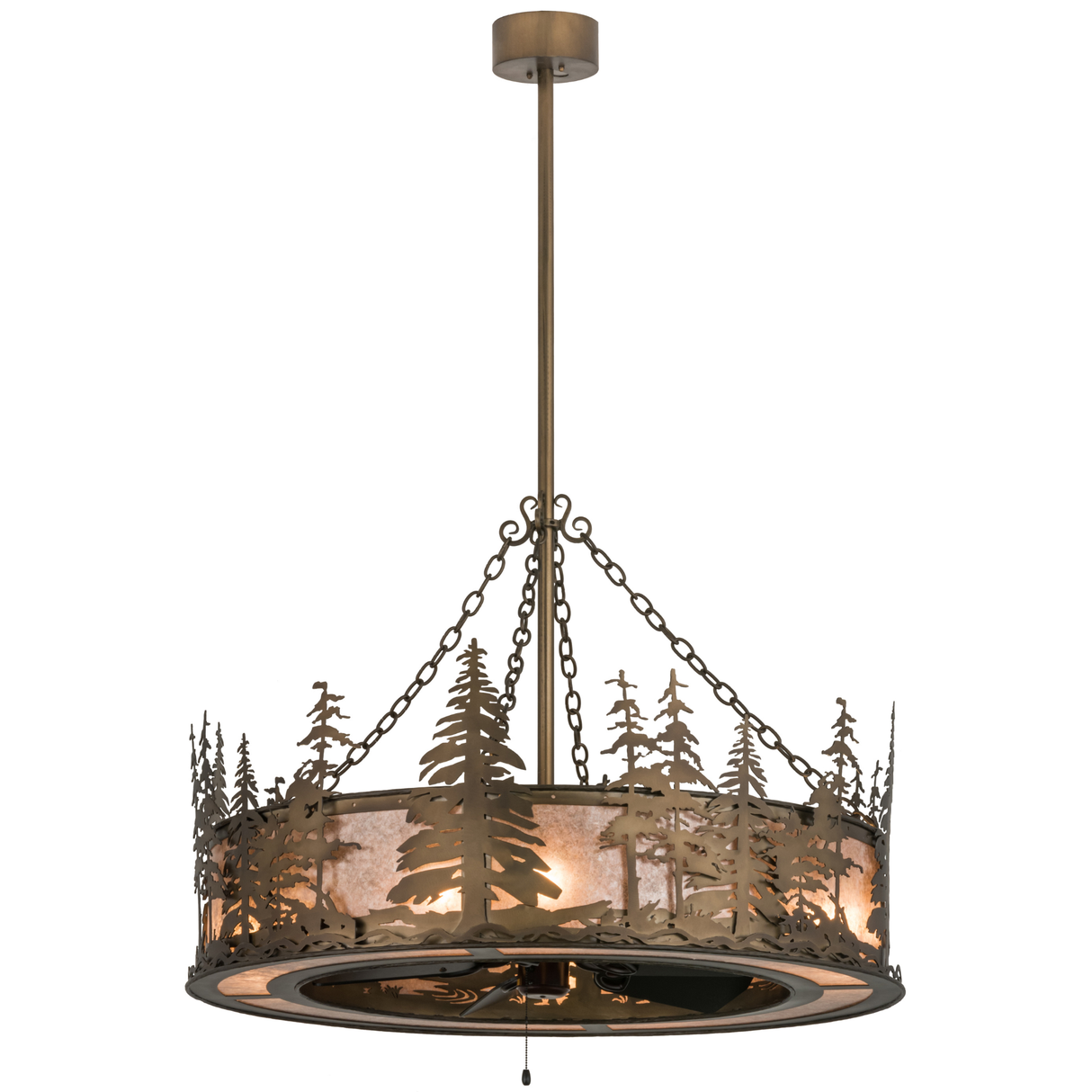 Angled view of Tall Pines Chandel-Air with glowing mica panels and forest design.