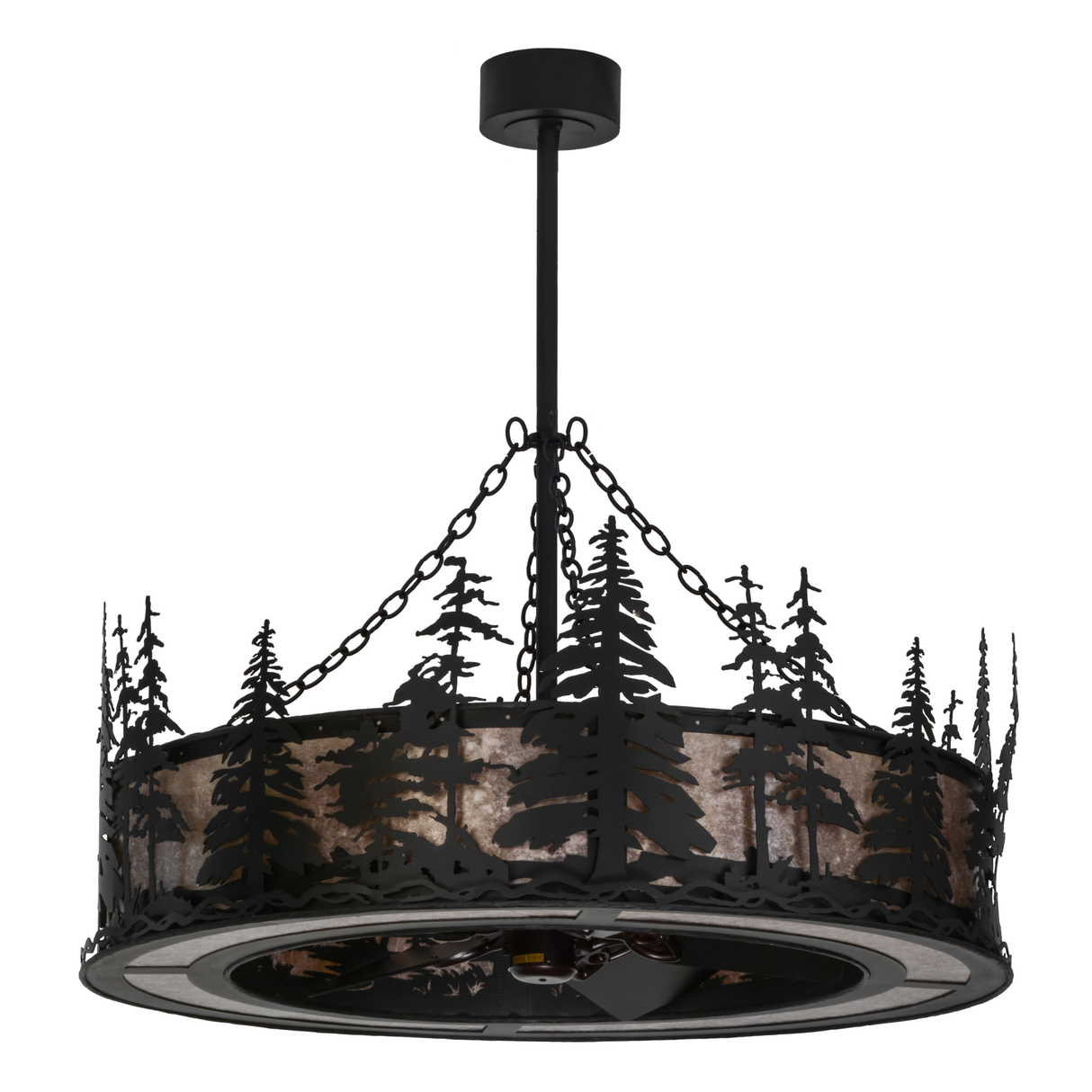 Angled unlit view highlighting forest-inspired metalwork and frame.
