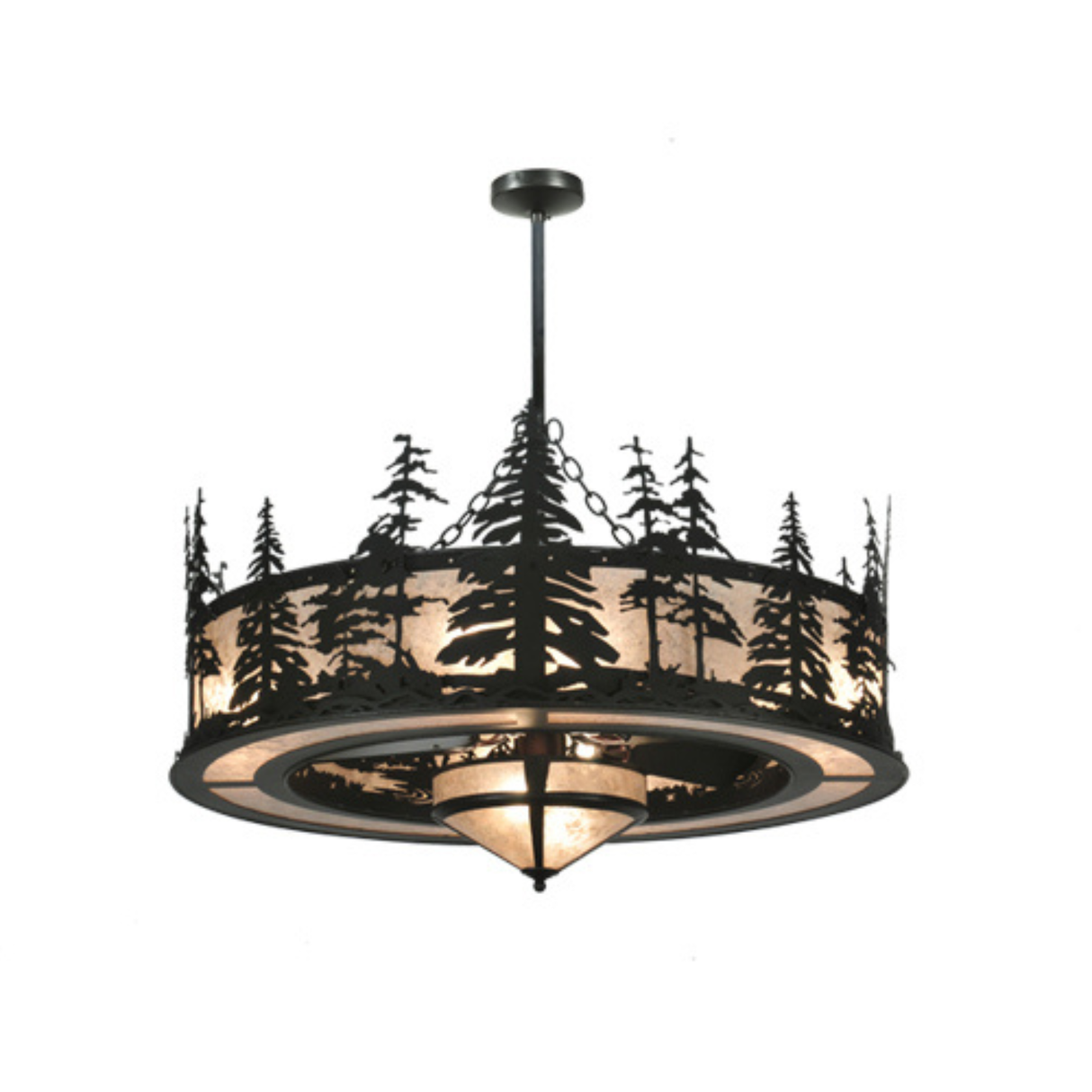 Angled front view with illuminated mica and pine detailing.