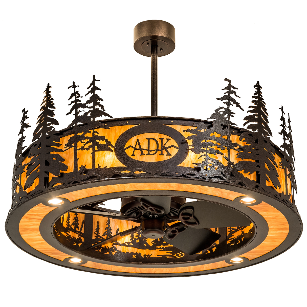 Bottom angle lit view highlighting fan blades and forest silhouette design.