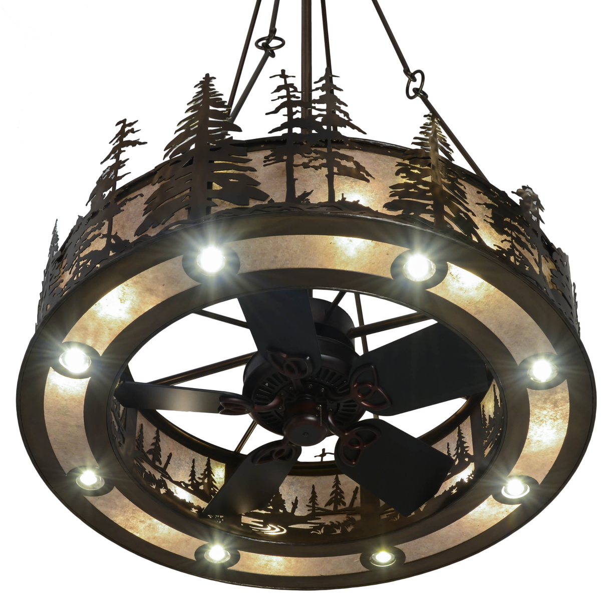 Bottom angled lit view displaying fan blades and downward illumination.
