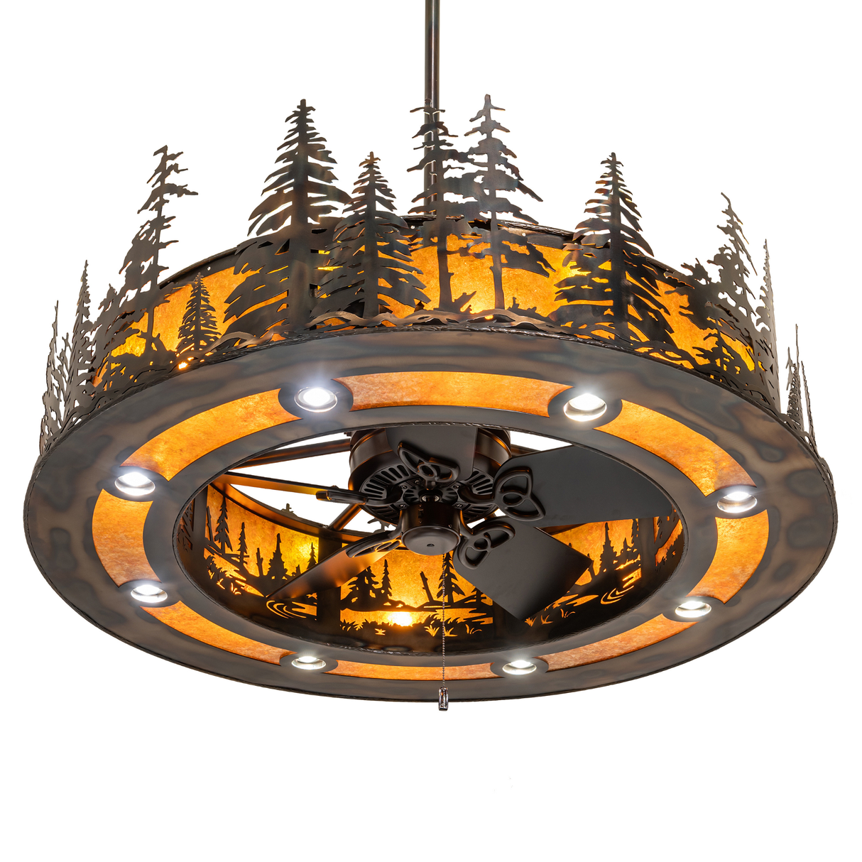 Bottom angle view featuring integrated fan with soft amber illumination.