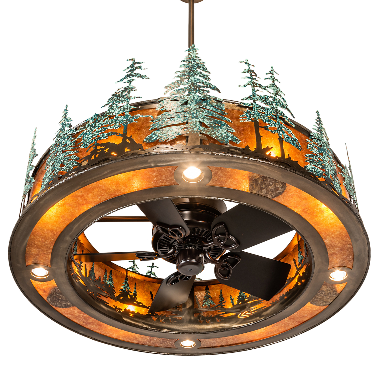 Bottom angled view showing fan blades and forest motif lighting.