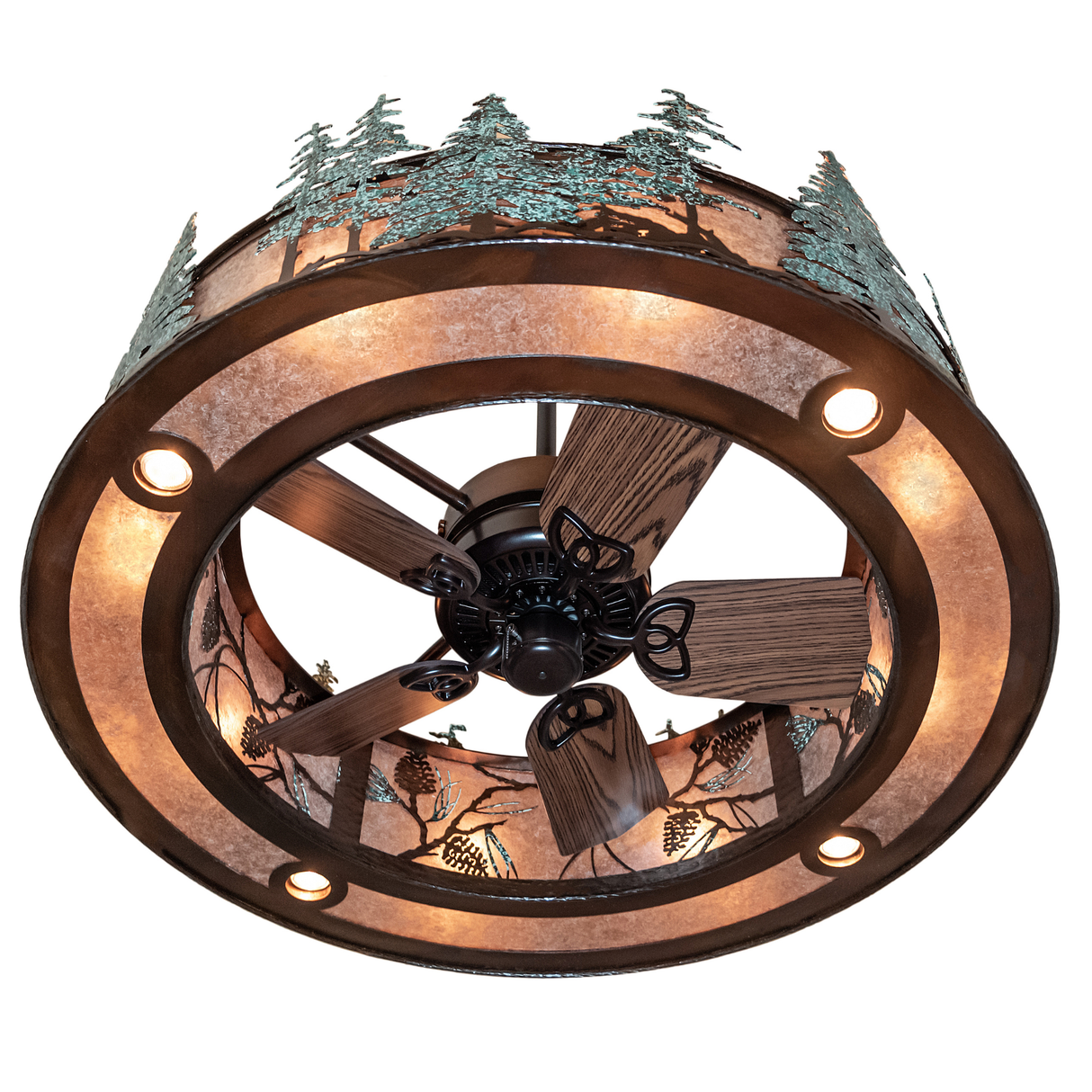 Angled bottom view highlighting fan blades beneath glowing mica shade.