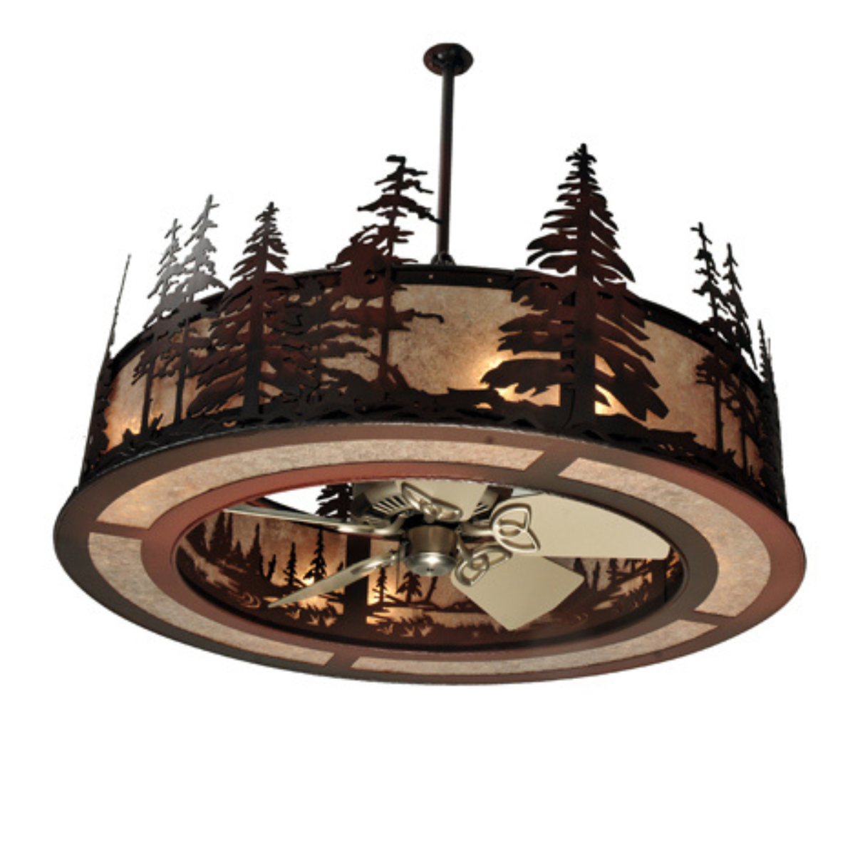 Bottom angled view revealing fan blades and glowing mica.