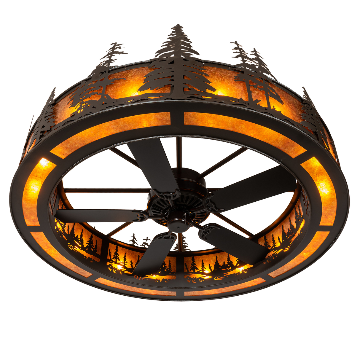 Bottom angle showing fan placement and warm amber illumination.