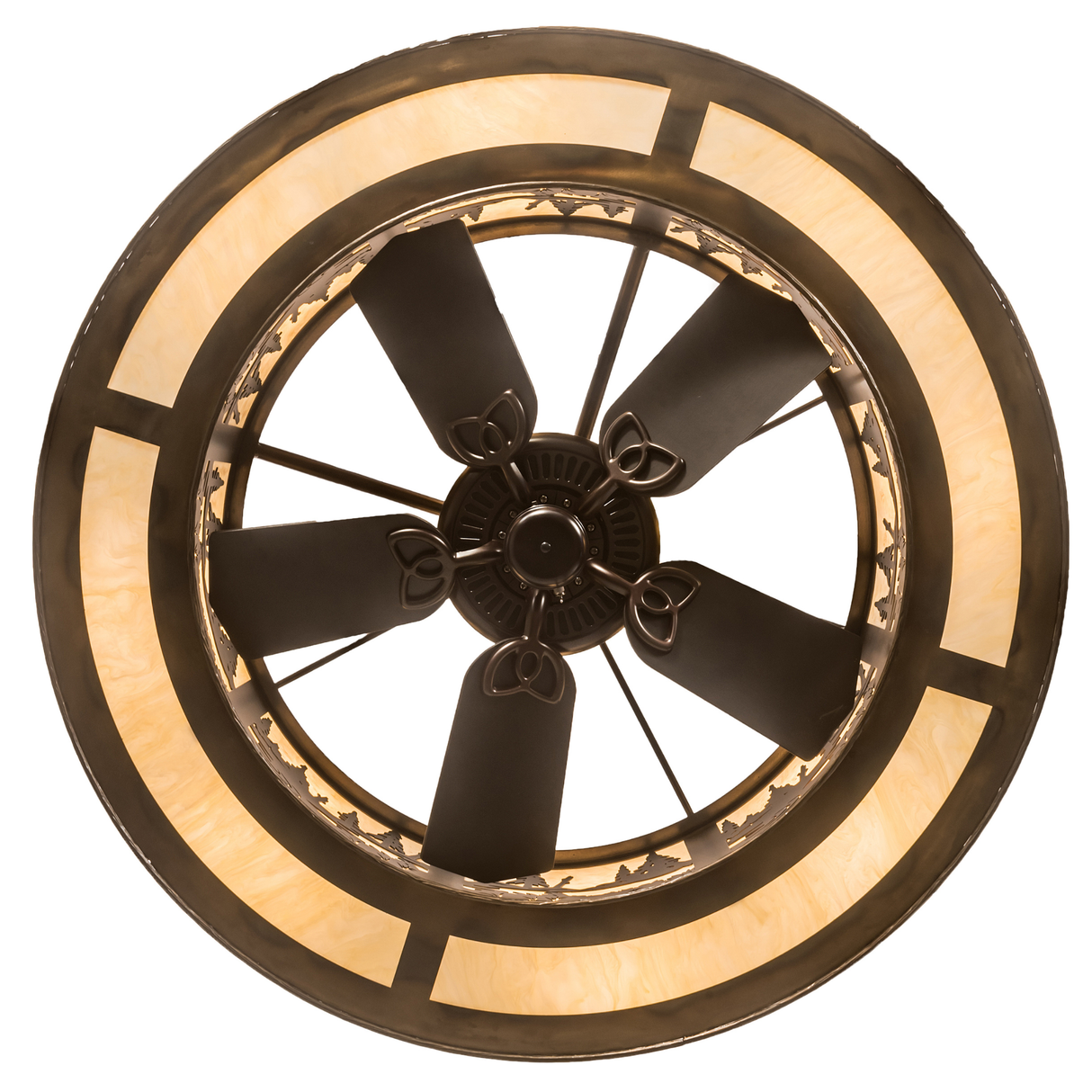 Bottom lit view displaying fan blades and circular light arrangement.