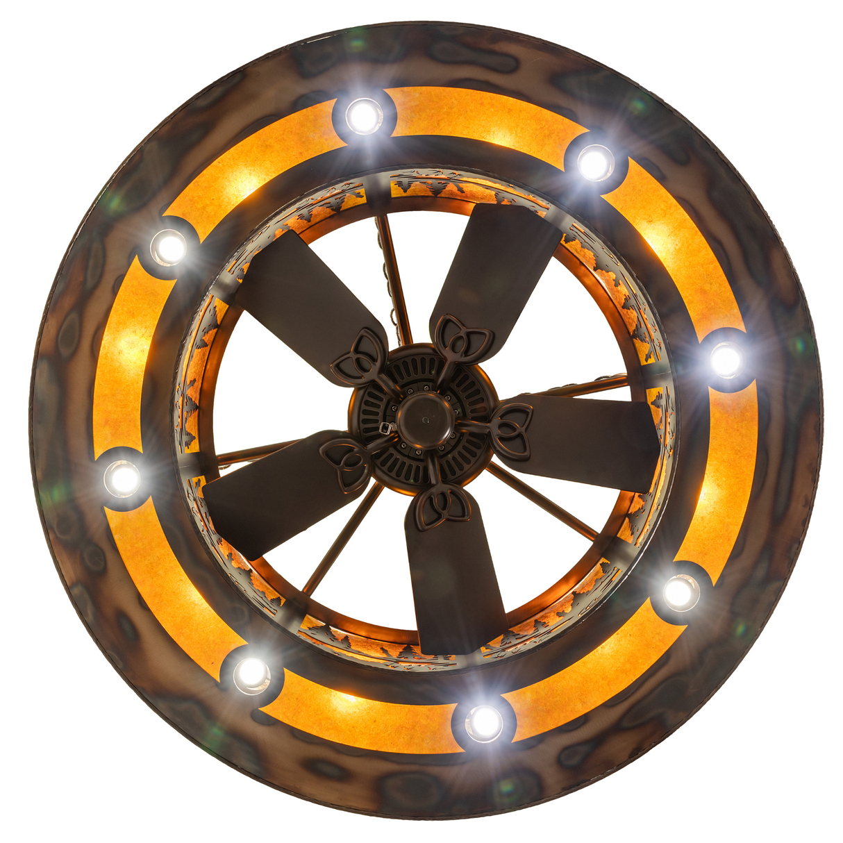 Bottom lit view of Tall Pines Chandel-Air with fan blades and downlights visible.