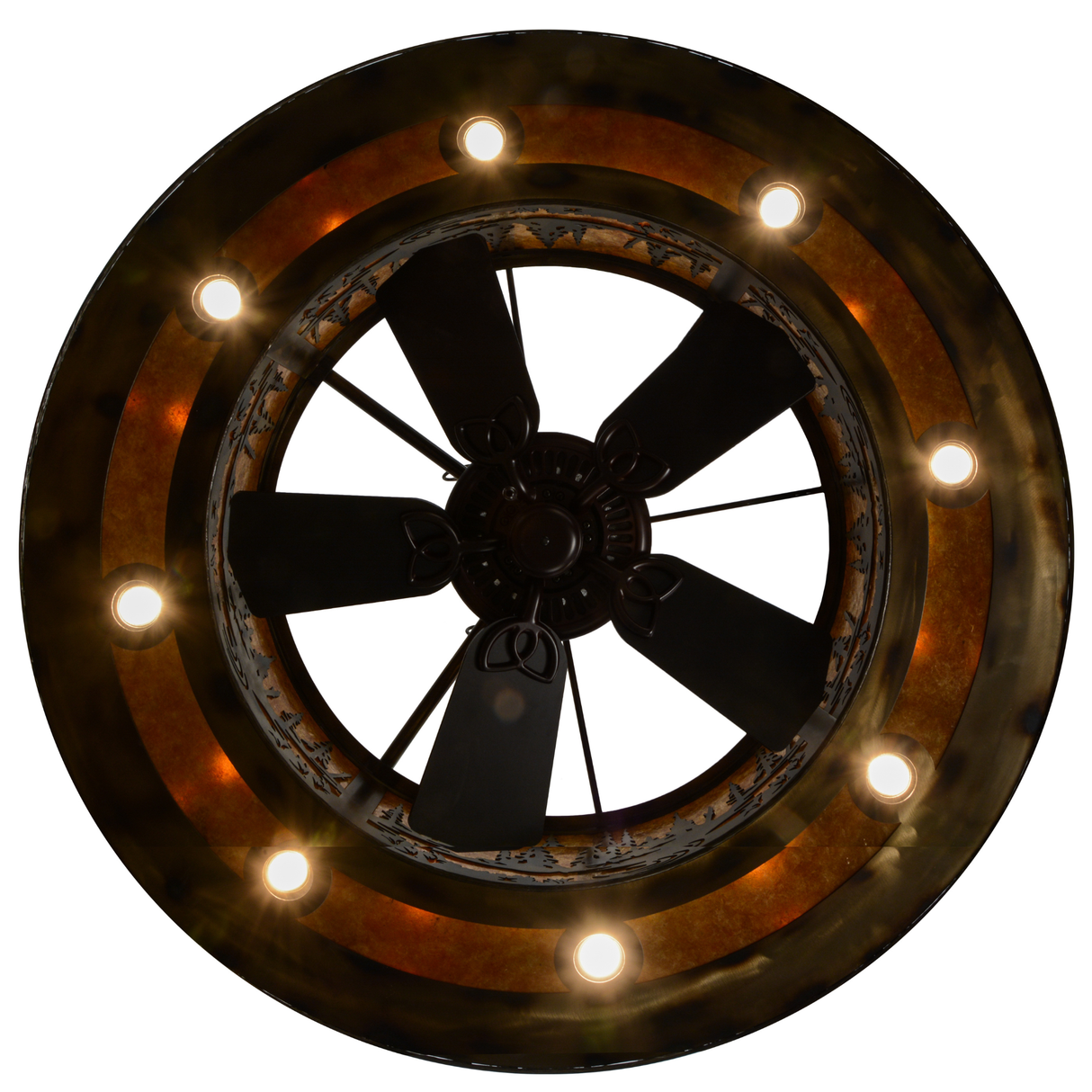 Bottom view showing fan and circular downlights within metal frame.