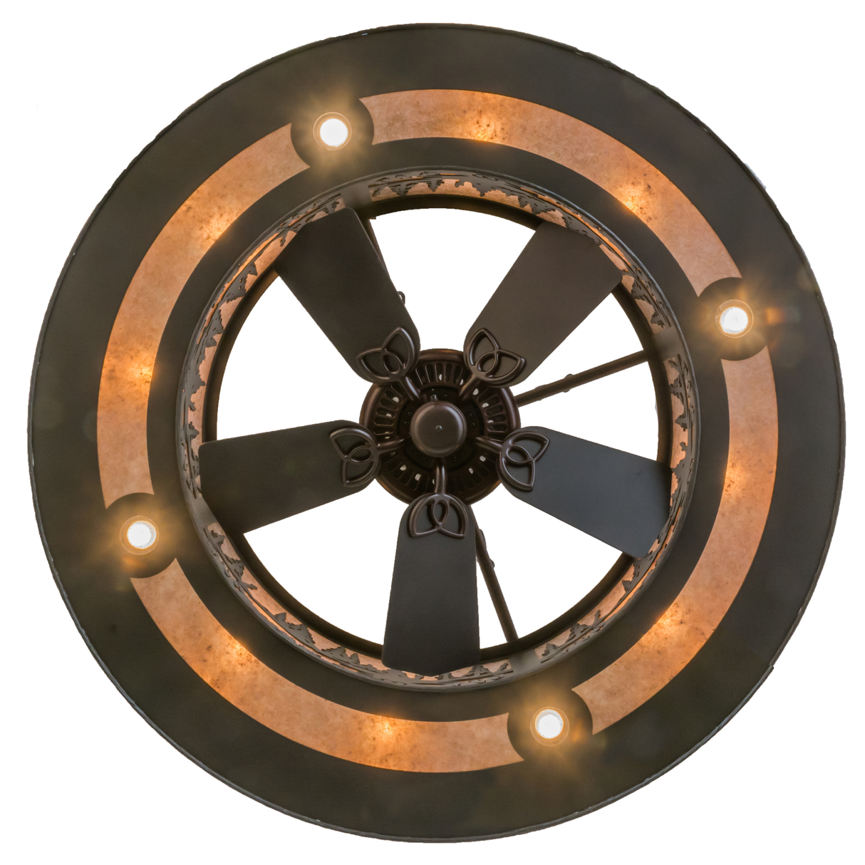 Bottom view of Chandel-Air fan with glowing mica ring and LED lights.