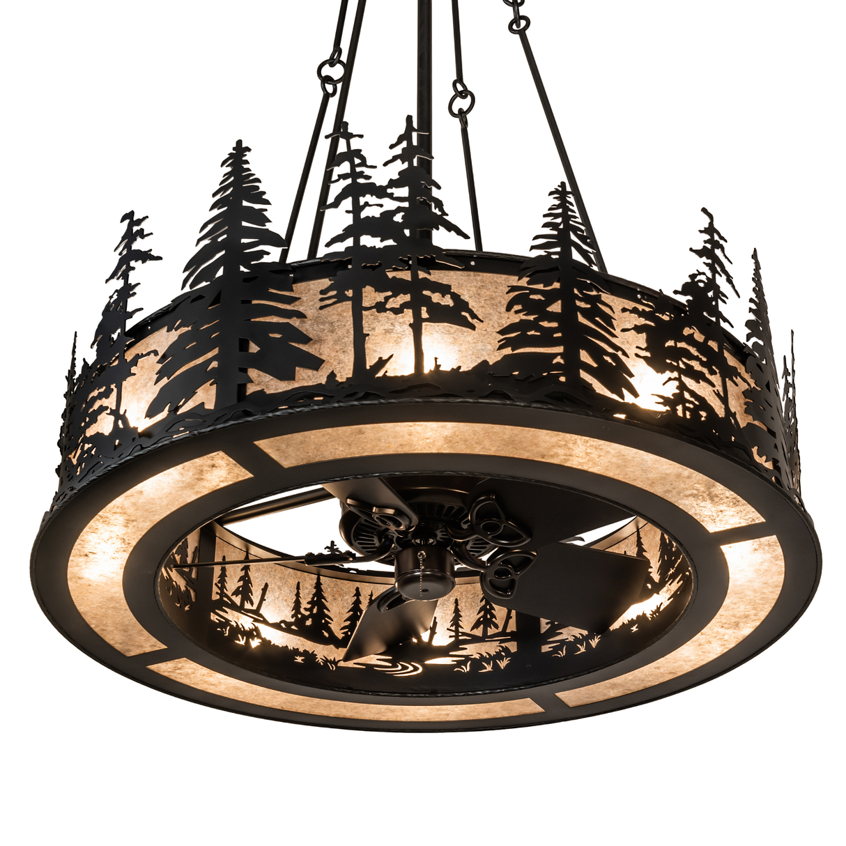 Bottom view featuring integrated fan and illuminated mica panels.
