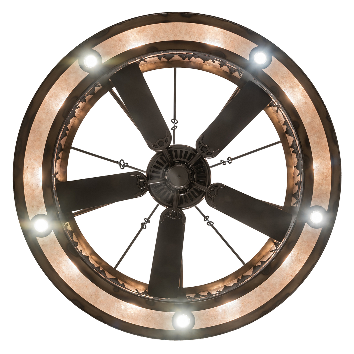 Bottom view displaying circular fan placement and glowing light ring.