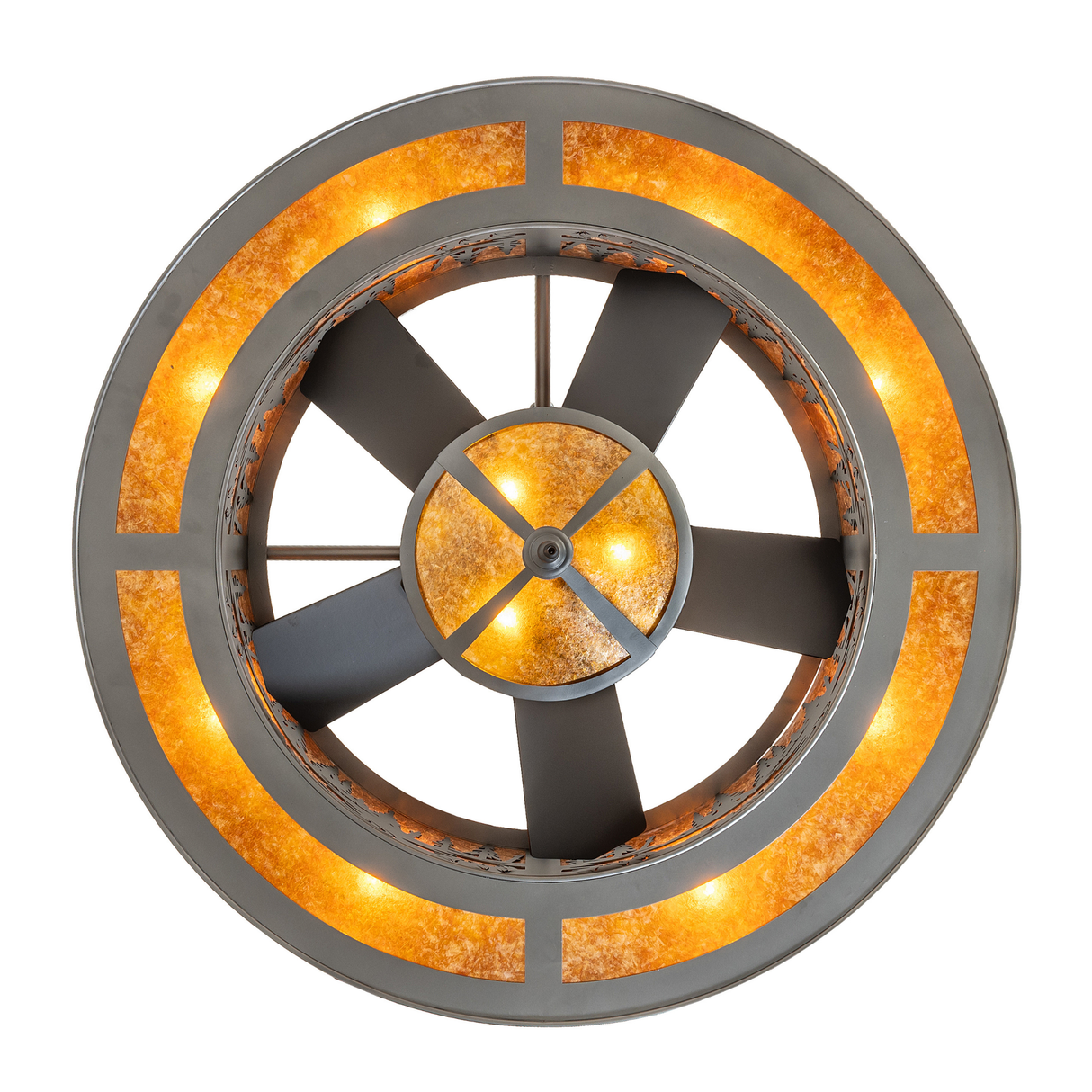 Bottom view displaying five-blade fan and circular amber diffuser.