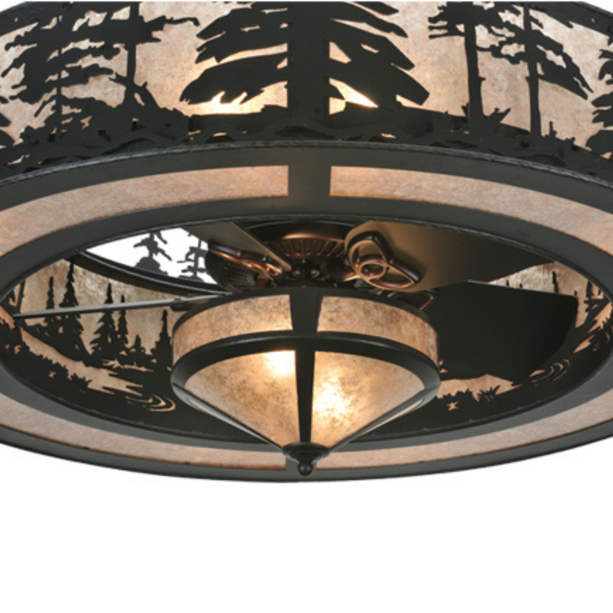 Bottom view showing fan blades and craftsman-style light diffuser.