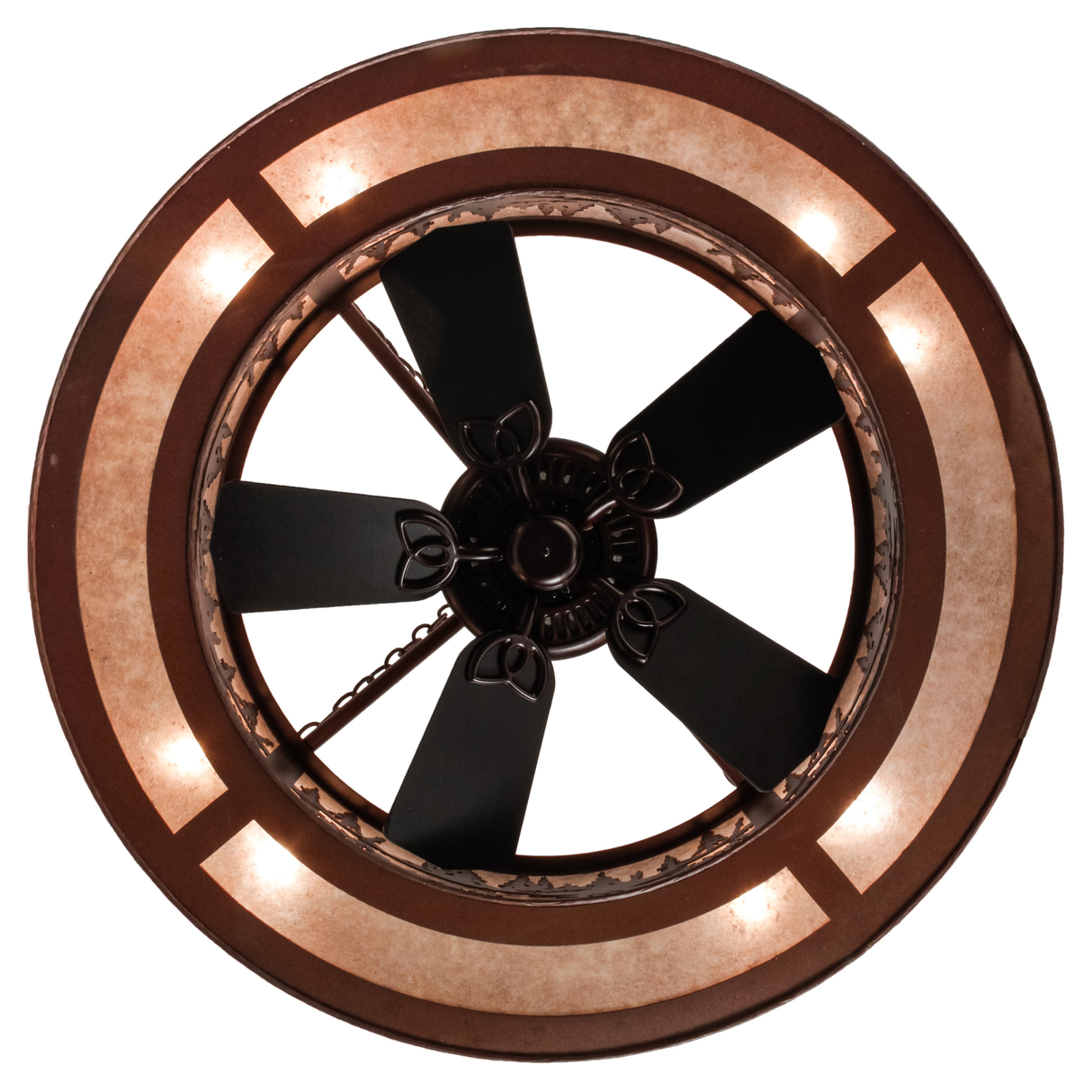 Bottom view showing illuminated mica ring and fan blades beneath.