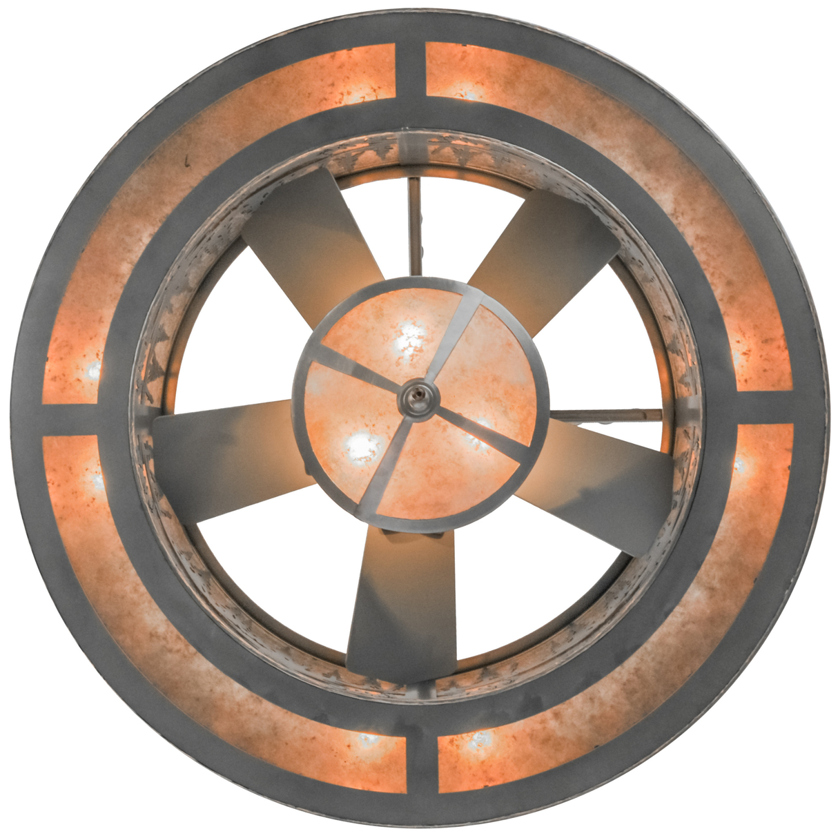 Bottom view lit showing integrated fan and glowing mica panels.