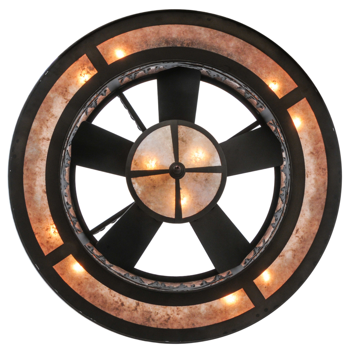 Bottom lit view showing fan blades and warm mica illumination.