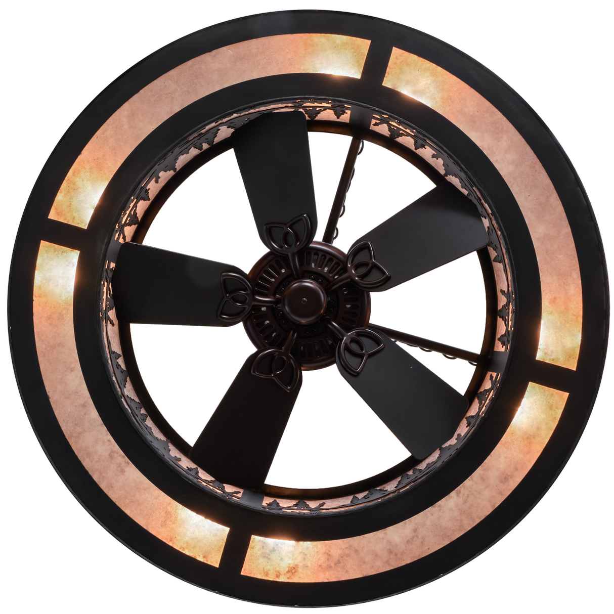 Bottom lit view revealing fan blades and circular light ring.