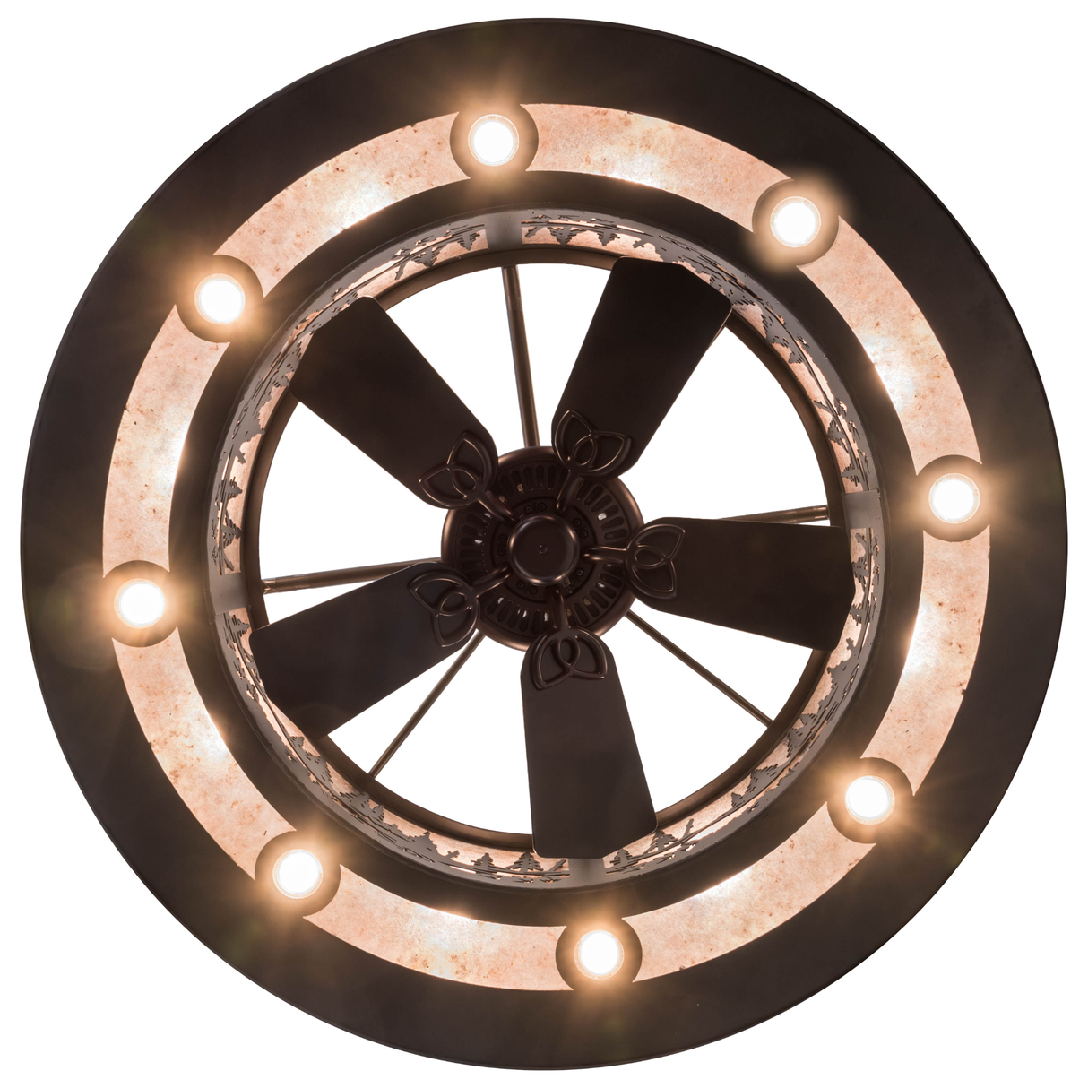 Bottom lit view revealing integrated fan and downlights.