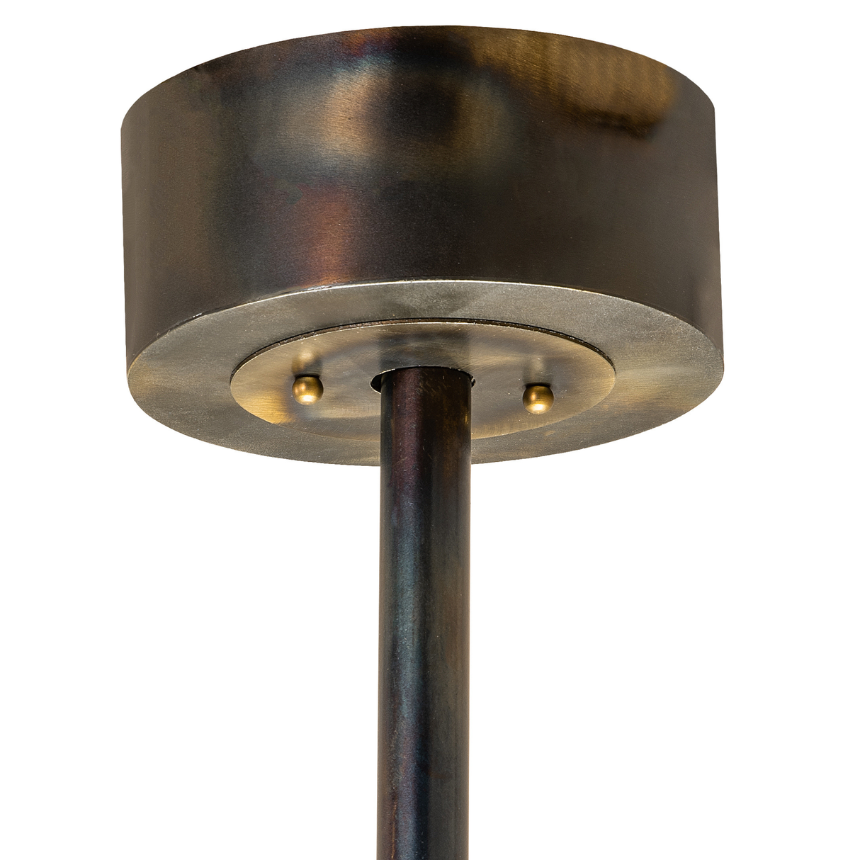 Closeup of ceiling canopy and downrod in dark burnished antique copper finish.