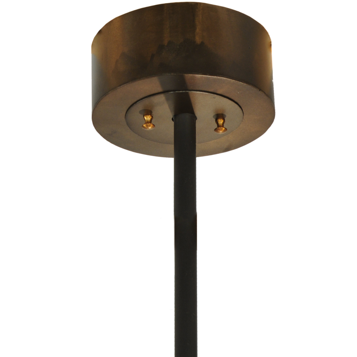 Close-up of antique bronze ceiling canopy and mounting rod.