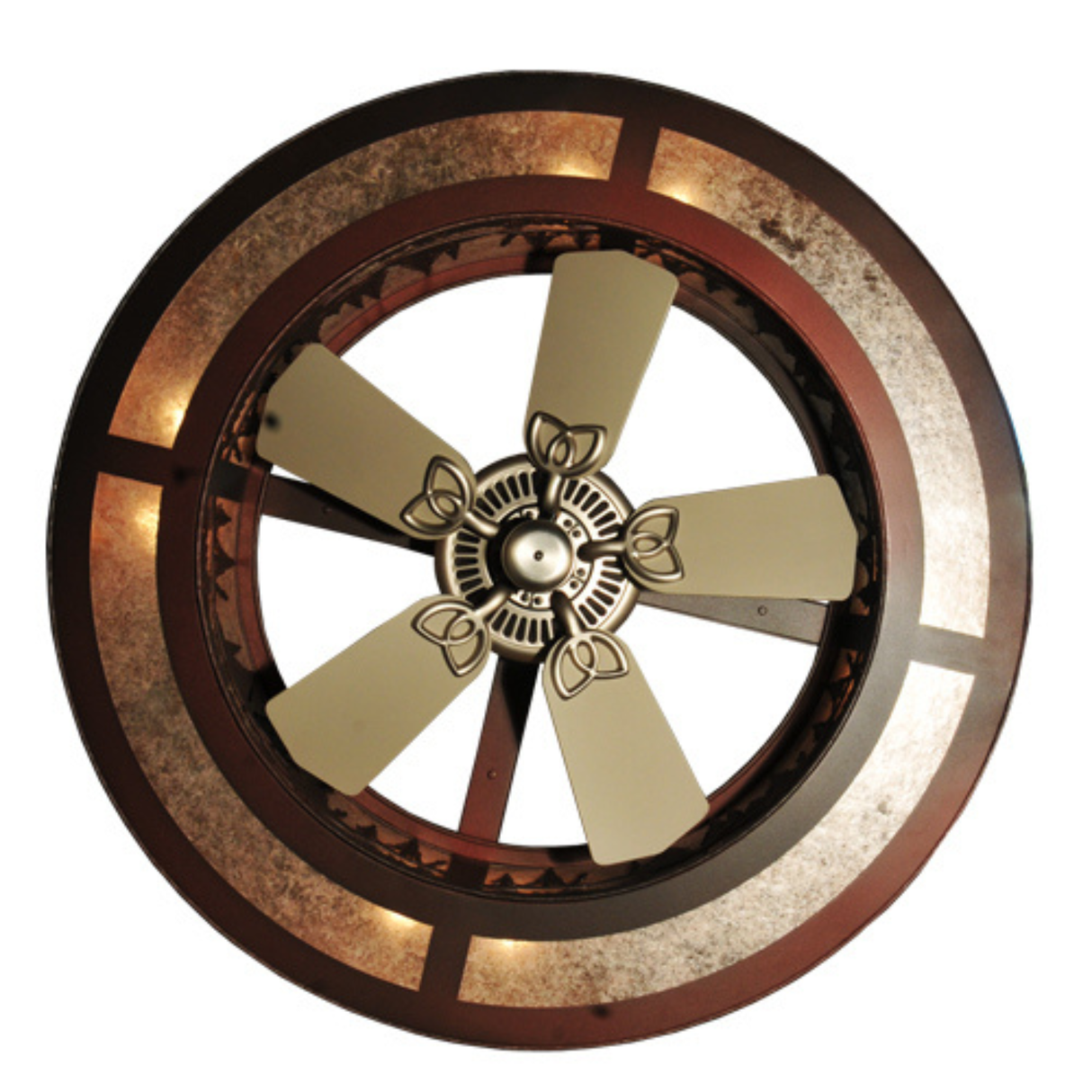 Close-up bottom view with warm light and detailed pine border.