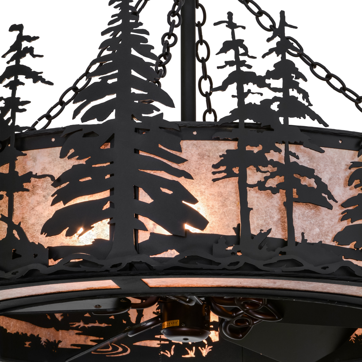 Closeup lit view of pine tree pattern and metal texture.