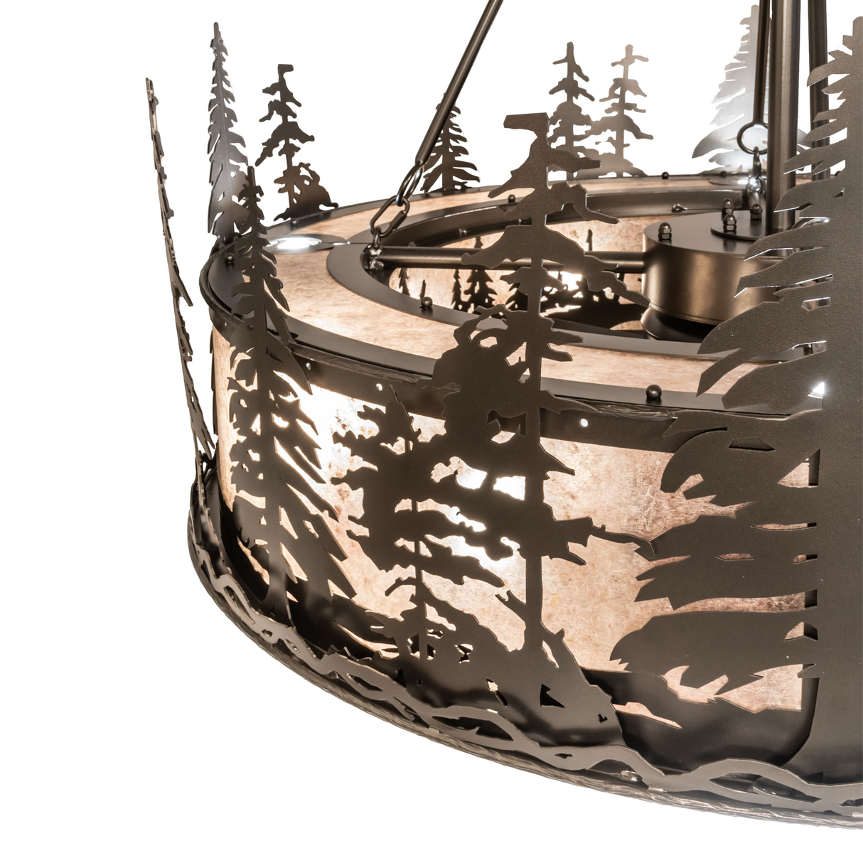 Angled close-up displaying layered forest pattern and illuminated diffuser.