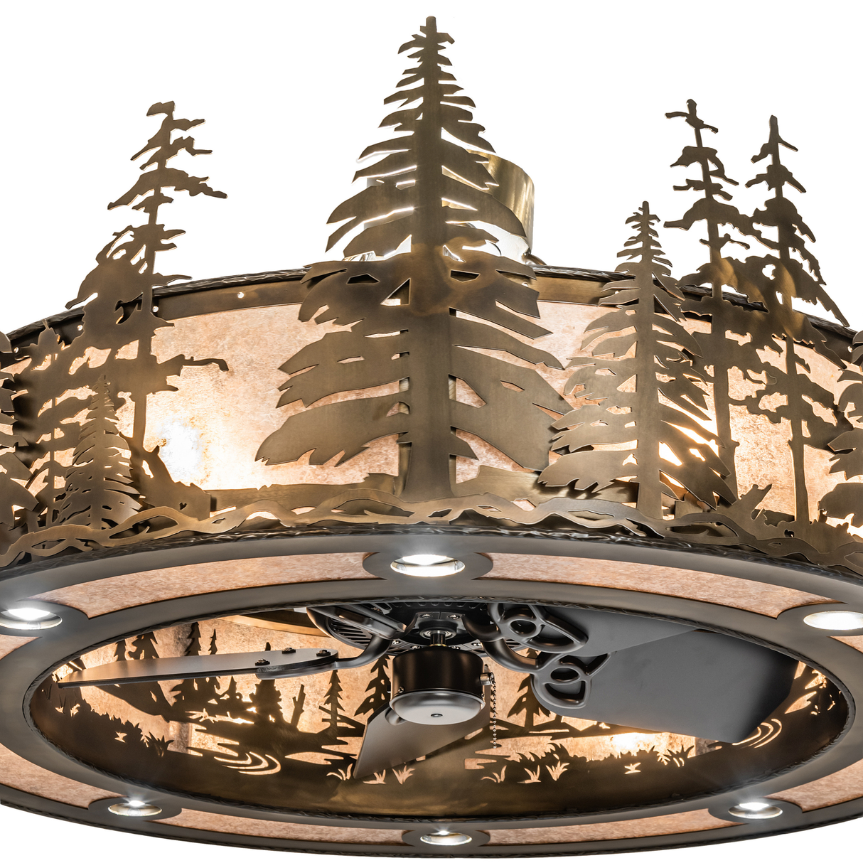 Close-up of Tall Pines Chandel-Air showing cut-out pine trees and fan blades.