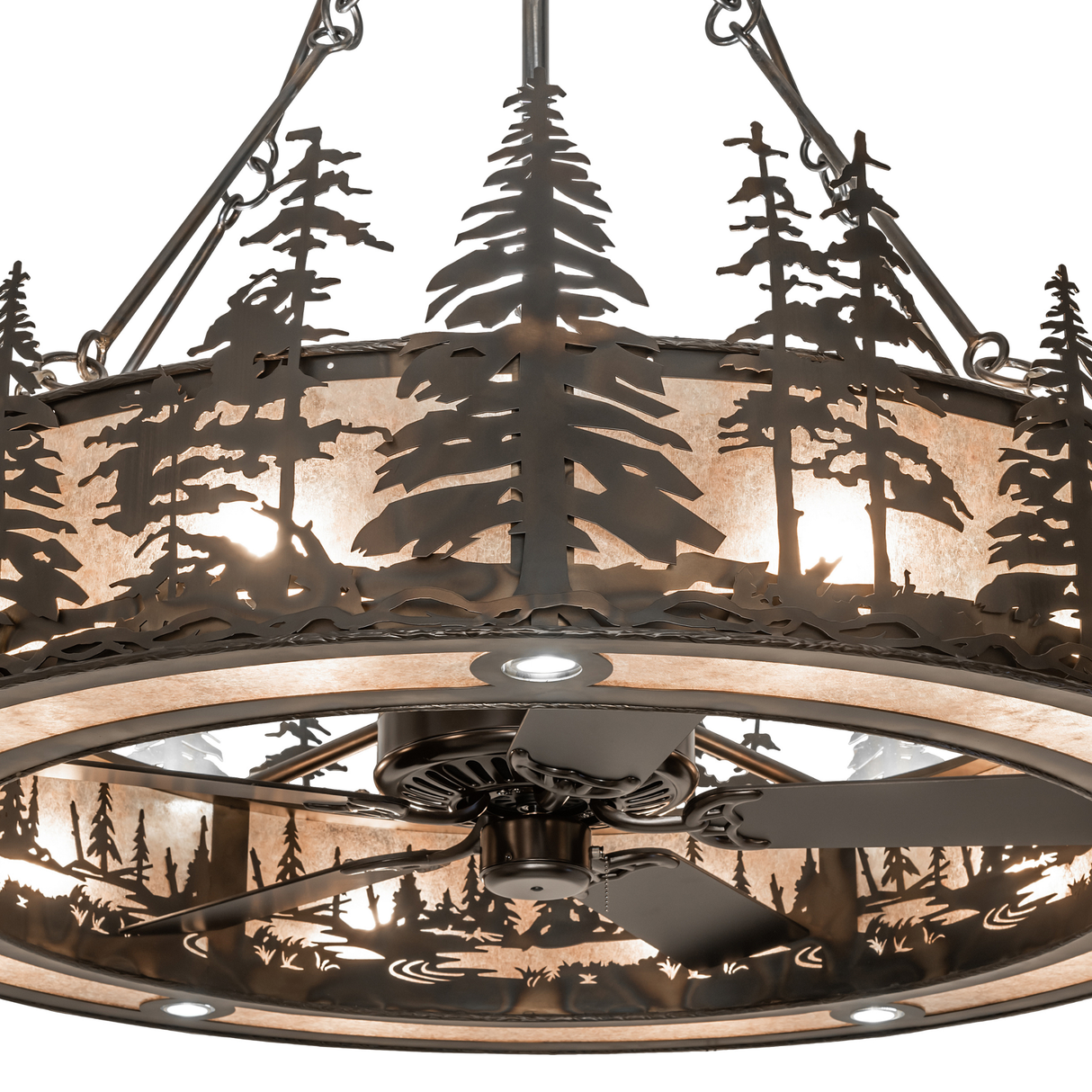 Close-up of handcrafted pine tree silhouettes over Silver Mica shade.