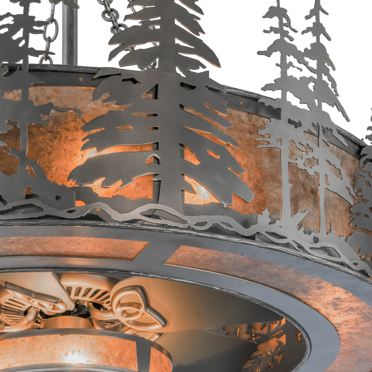 Closeup detail of pine pattern with softly glowing mica panels.