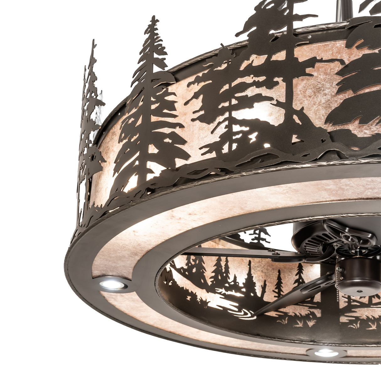 Close-up showing intricate pine silhouette glowing against mica panels.