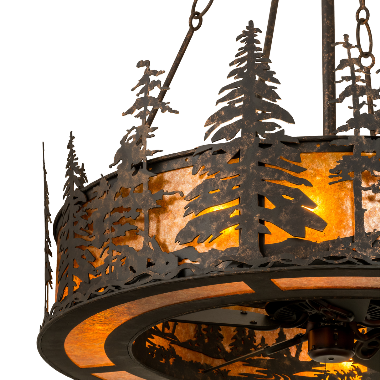 Closeup lit view focusing on pine silhouette pattern and mica texture.