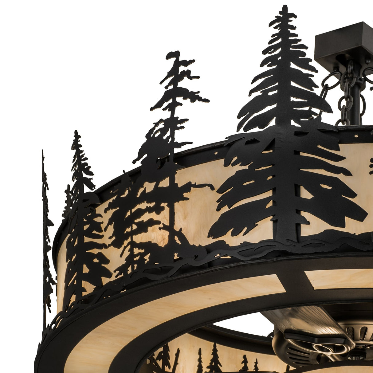 Detailed lit view focusing on handcrafted tree design and texture.