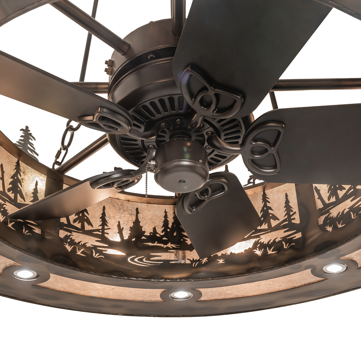 Detailed view of Tall Pines Chandel-Air fan blades and inner lighting.