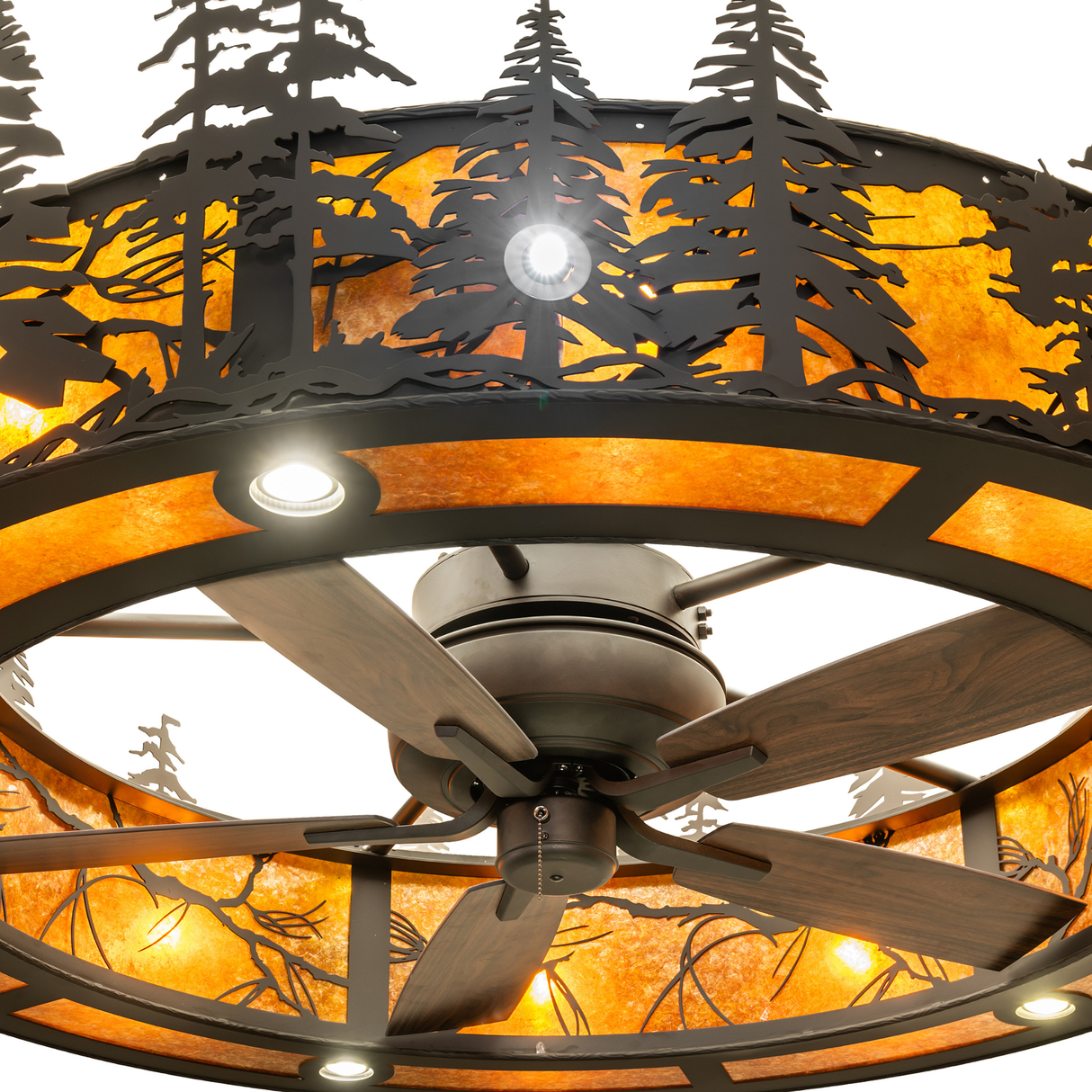 Closeup showing fan hub, amber illumination, and realistic pine accents.