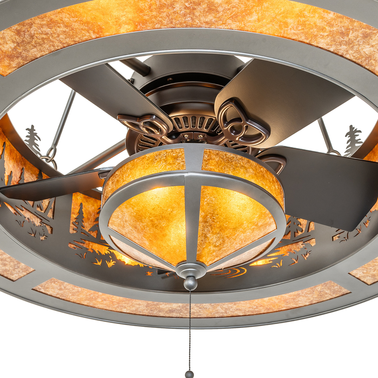 Closeup of the fan hub and mica diffuser on Tall Pines chandelier fan.