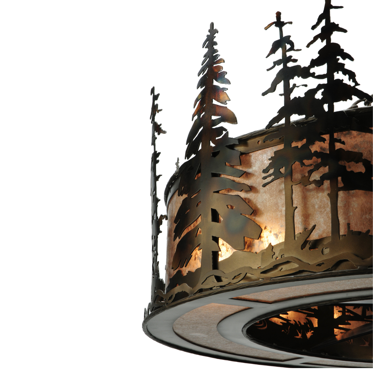 Edge close-up showing metal pine trees and amber mica glow.