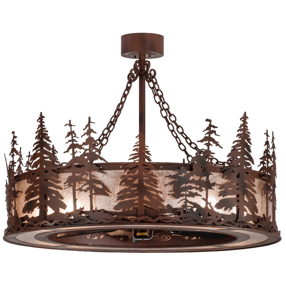 Front angle lit view showing pine tree silhouettes and mica shade glow.