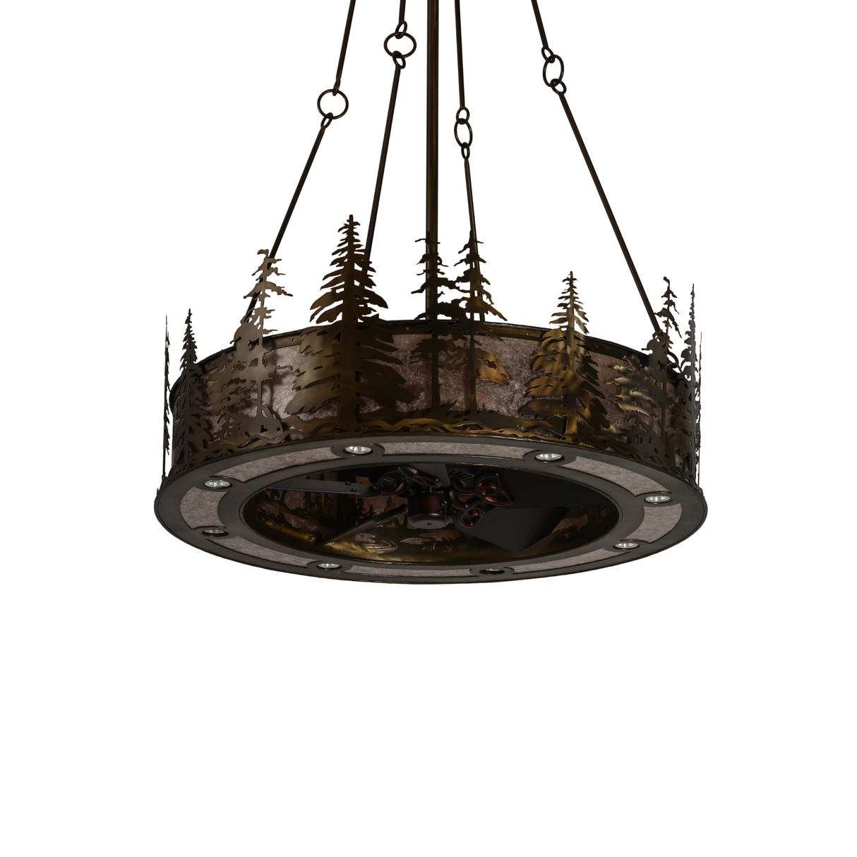 Front angled unlit view highlighting metal pine tree details and fan blades.