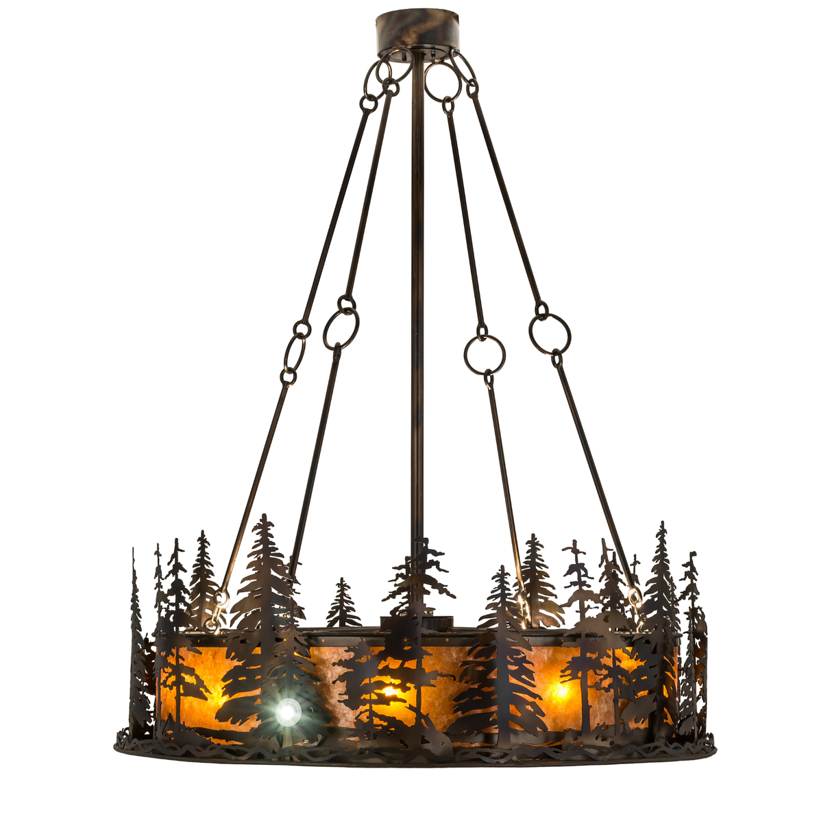 Front lit view featuring amber mica panels and forest cutouts.